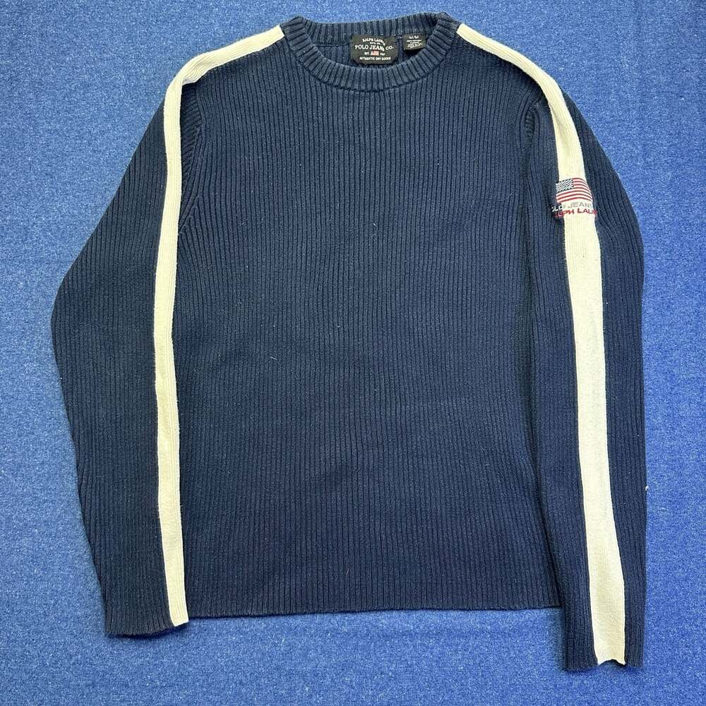 Vintage Y2K Polo Jeans Co Ralph Lauren Navy Blue Ribbed Cotton Sweater With Whit - Picture 2 of 7